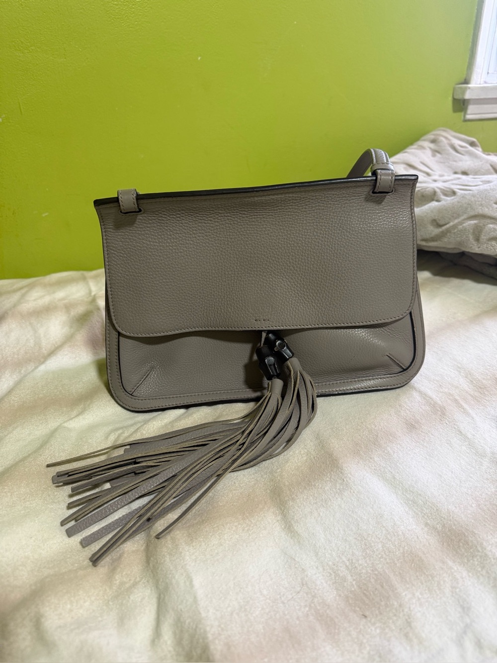 Gucci Bamboo Shoulder Bag Logo Tassel Fringe Leather Gray